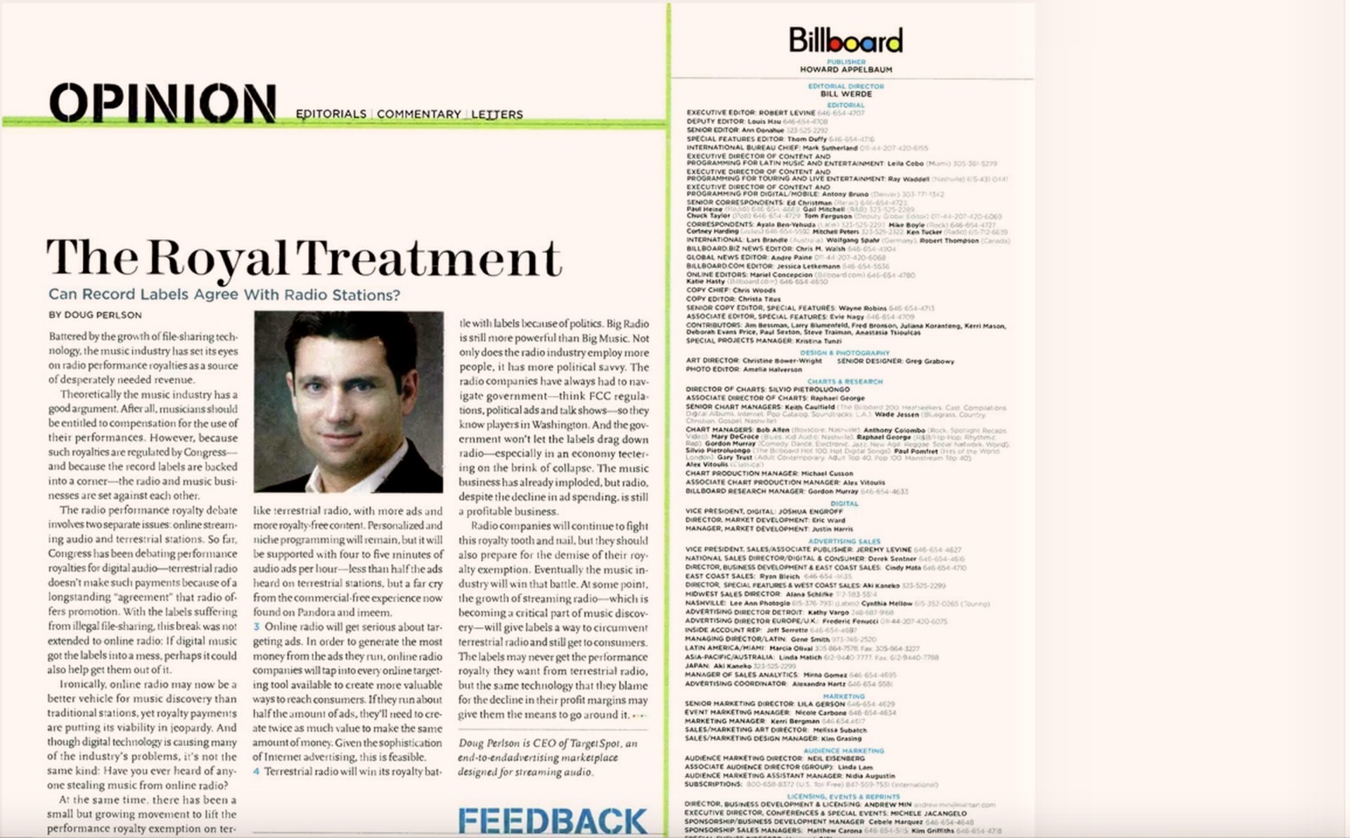 Billboard magazine opinion page carrying Doug Perlson’s op-ed “The Royal Treatment”, with a headshot of Doug and the line noting he is CEO of TargetSpot